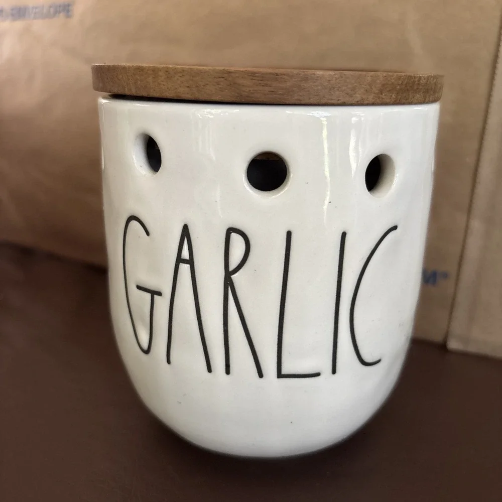 Rae Dunn by Magenta Garlic Cellar with Wooden Lid Kitchen Storage